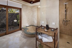 Designer toiletries, hair dryer, bathrobes, towels