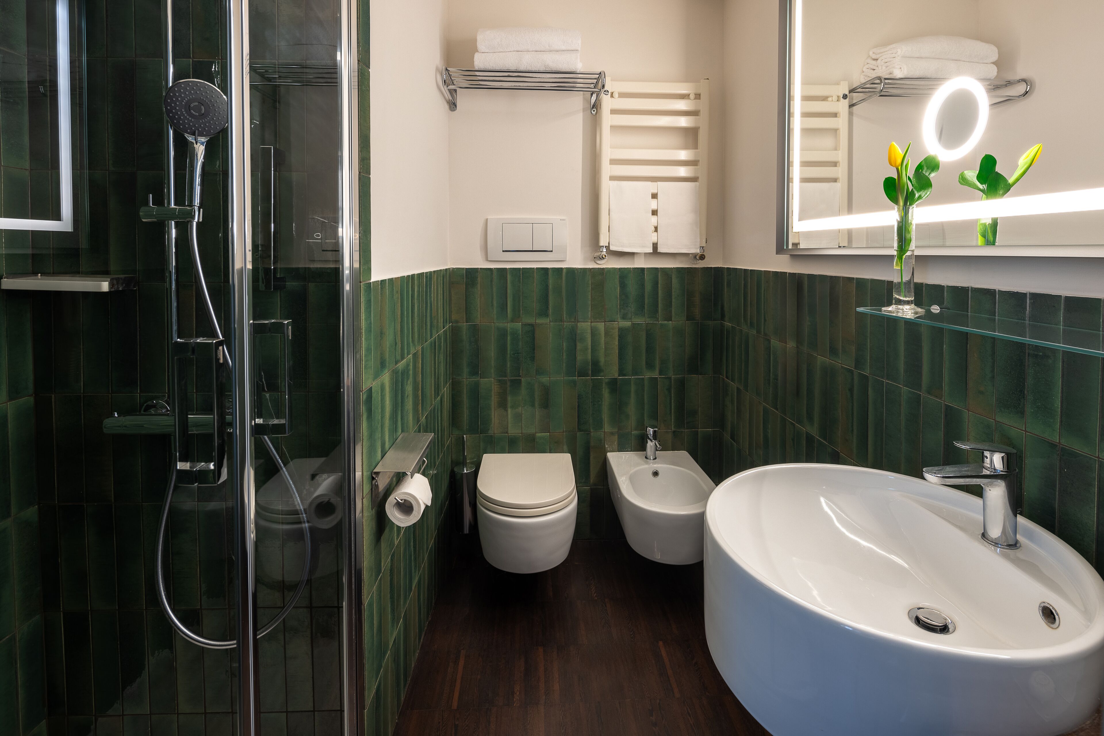 shower, designer toiletries, hair dryer, bathrobes