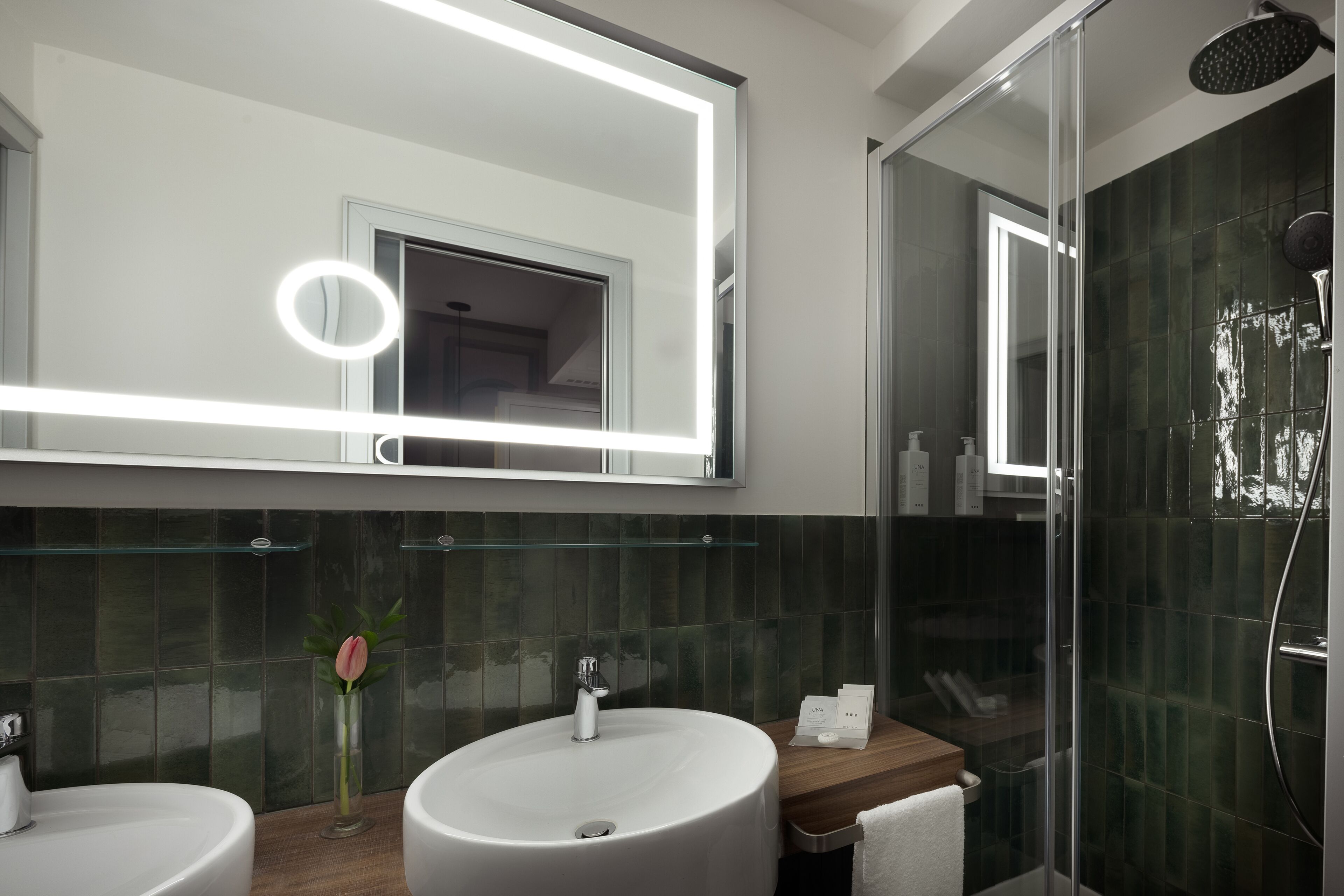 shower, designer toiletries, hair dryer, bathrobes