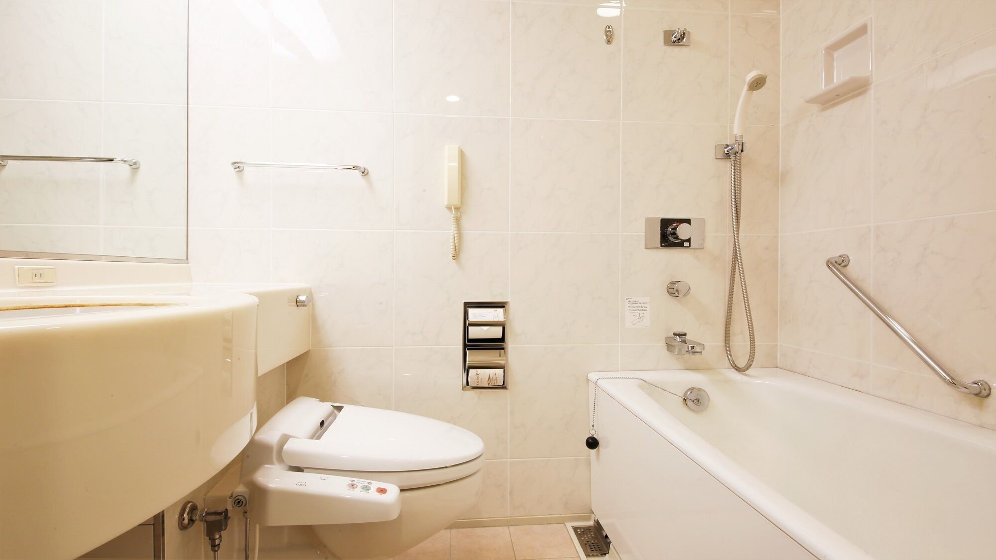 A bathroom with a toilet, a bidet, a shower with a handheld showerhead, and a towel rack.