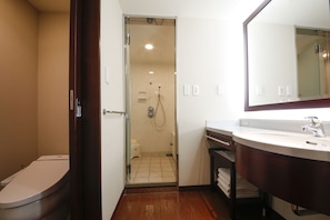 Combined shower/bathtub, free toiletries, hair dryer, electronic bidet