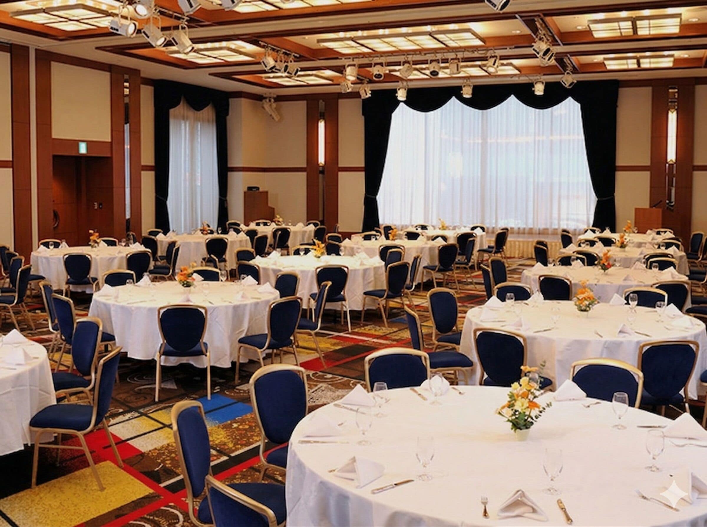 Una sala de banquetes amb taules rodones, cadires blaves i tovallons blancs.
