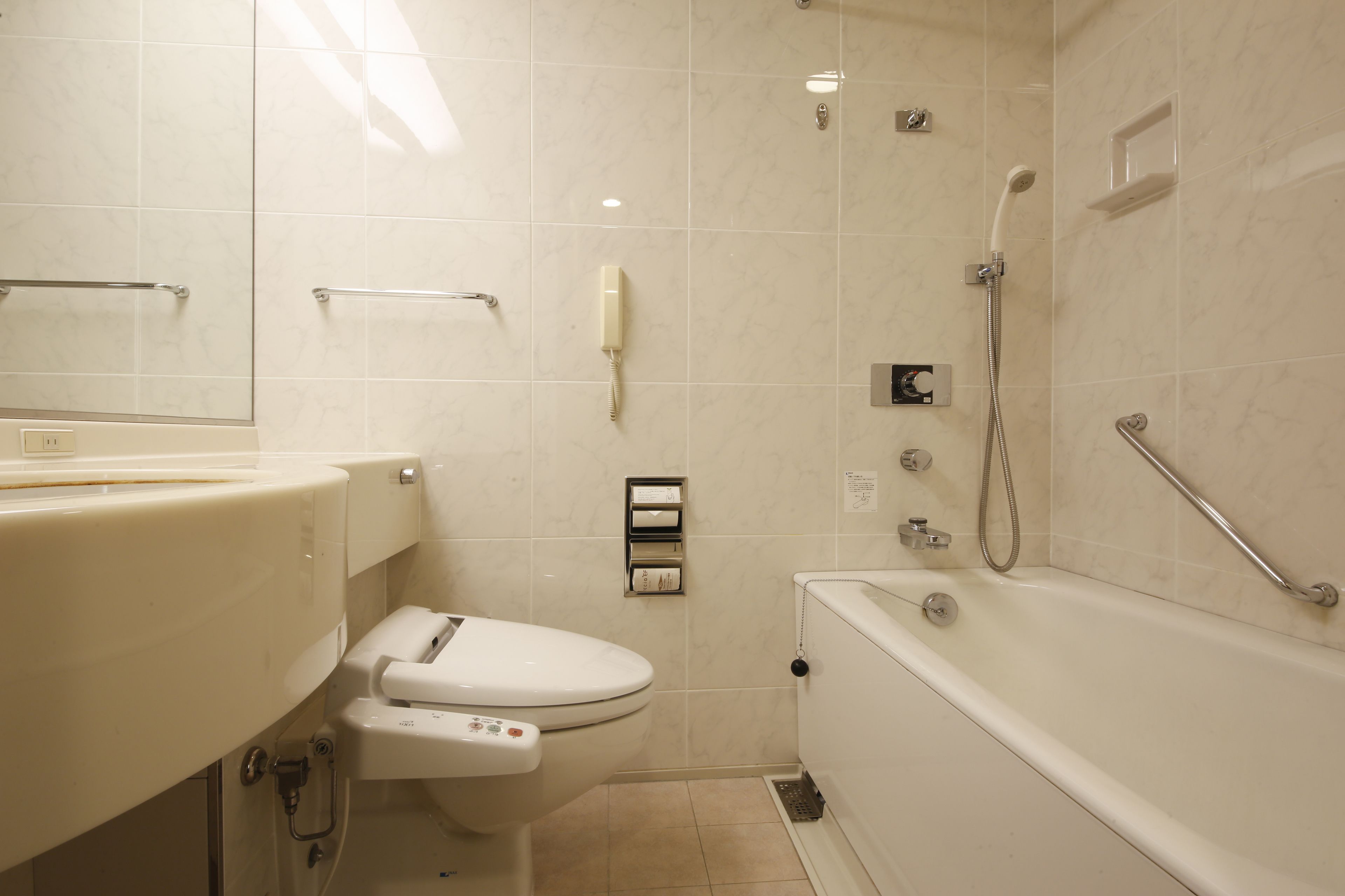 combined shower/bathtub, free toiletries, hair dryer, bidet