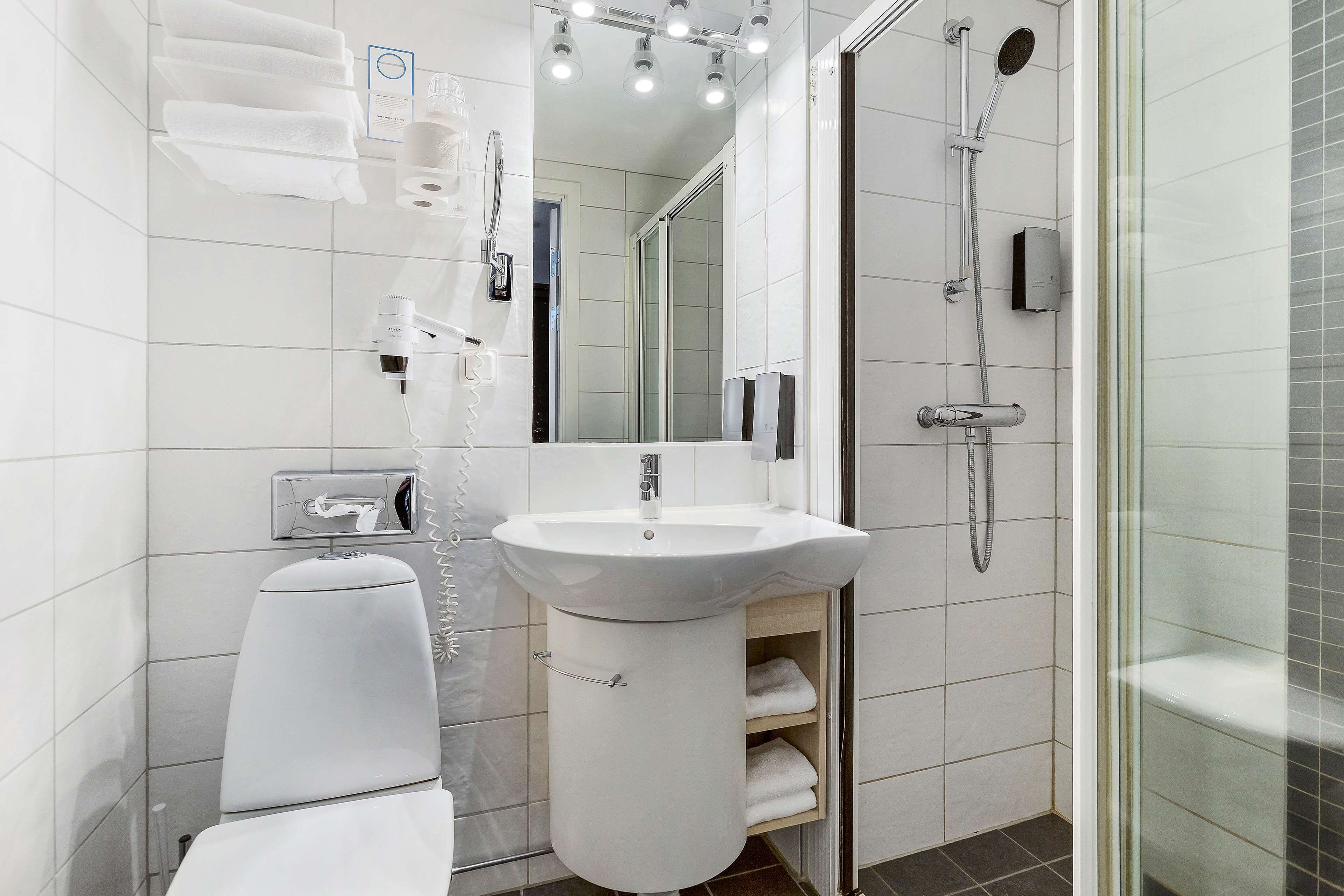 Een moderne badkamer met een wit wastafelmeubel, toilet, douche met glazen wanden en een spiegel boven het wastafelmeubel.