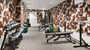 A gym with weightlifting equipment, benches, and a mirrored wall.