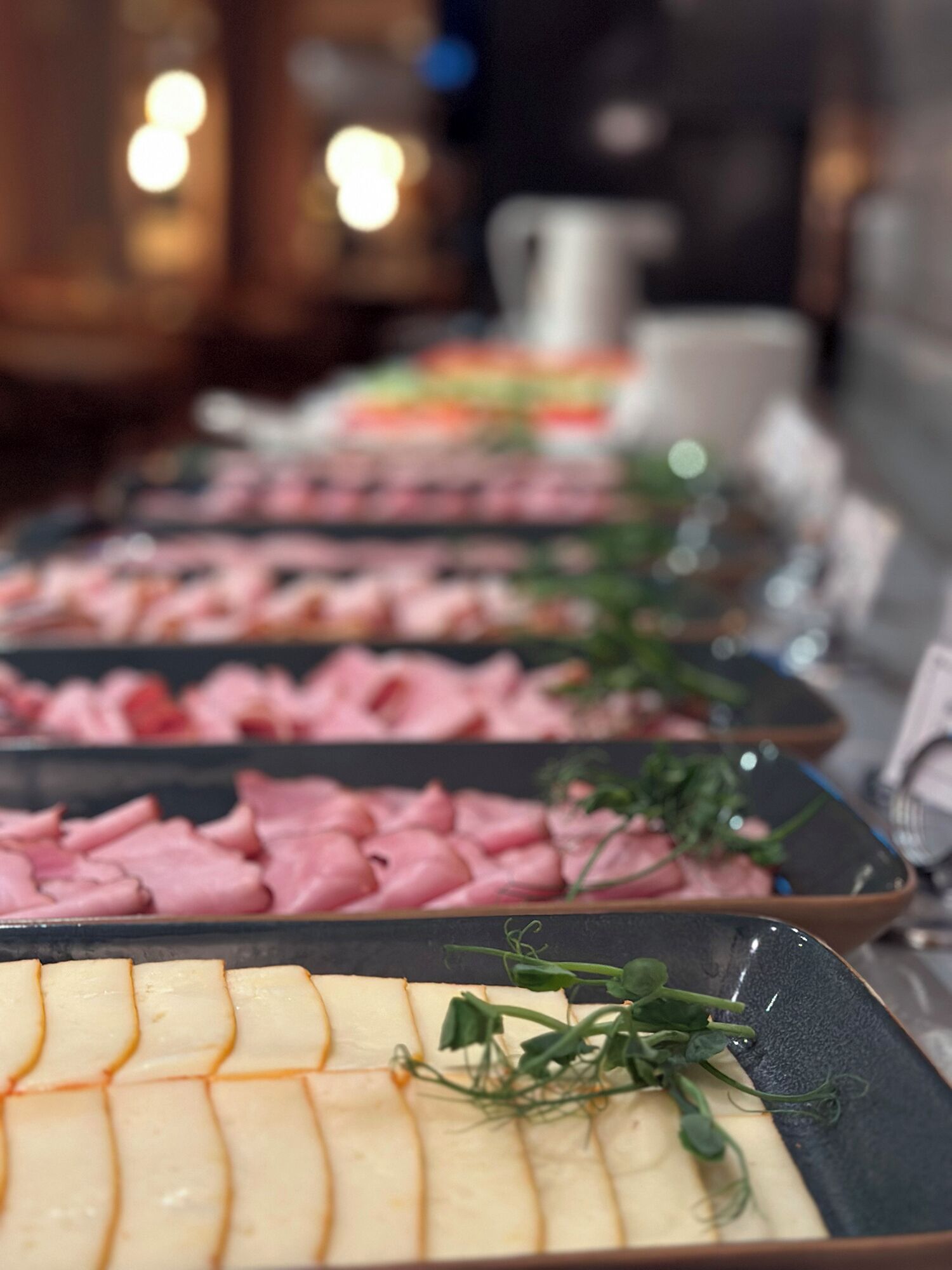 Una mesa de buffet con diversos alimentos, entre ellos carnes y quesos en porciones.