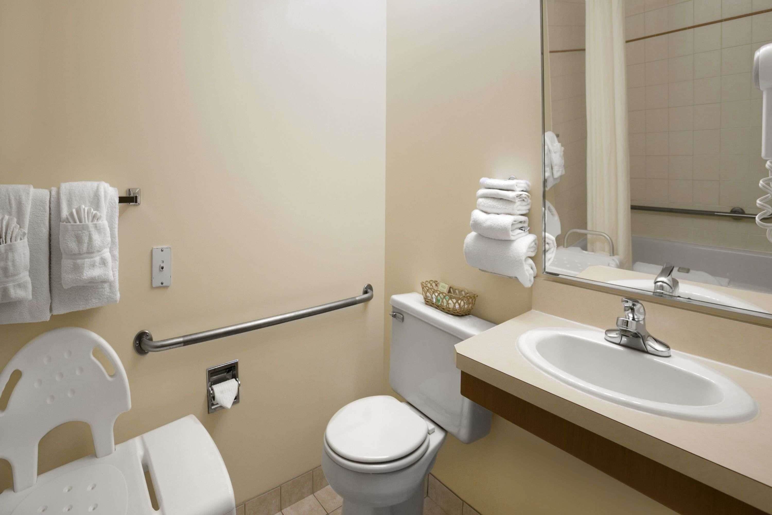 A bathroom with a toilet, sink, and handrails.