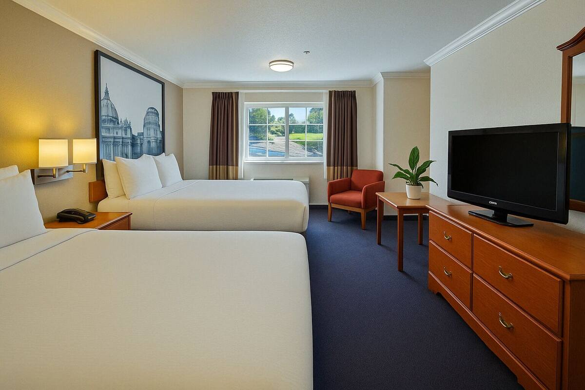 A hotel room with two beds, a television, a desk, a chair, and a window with curtains.