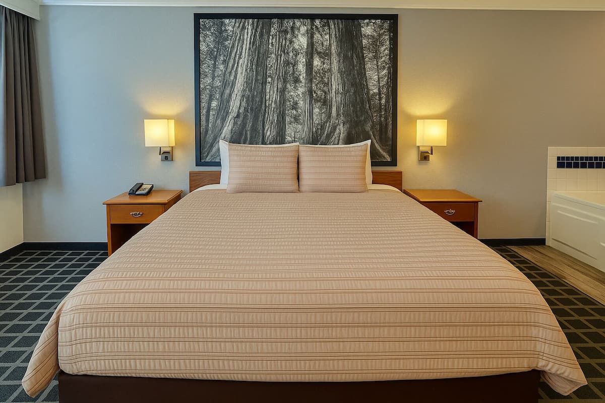 A hotel room with a large bed, two bedside tables, a nightstand, a wall-mounted telephone, and a large forest-themed painting above the bed.