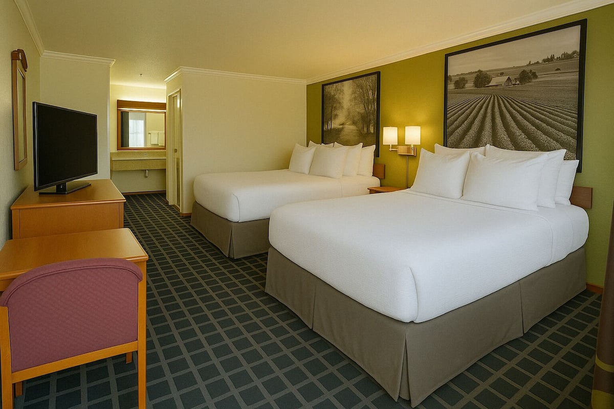 A hotel room with a bed, two bedside tables, a TV, a chair, and two paintings on the wall.
