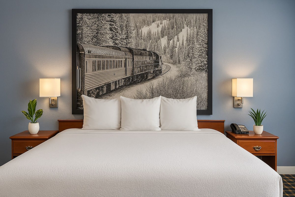 A hotel room with a large bed, two bedside tables with lamps, and a framed picture of a train on a snowy mountain.