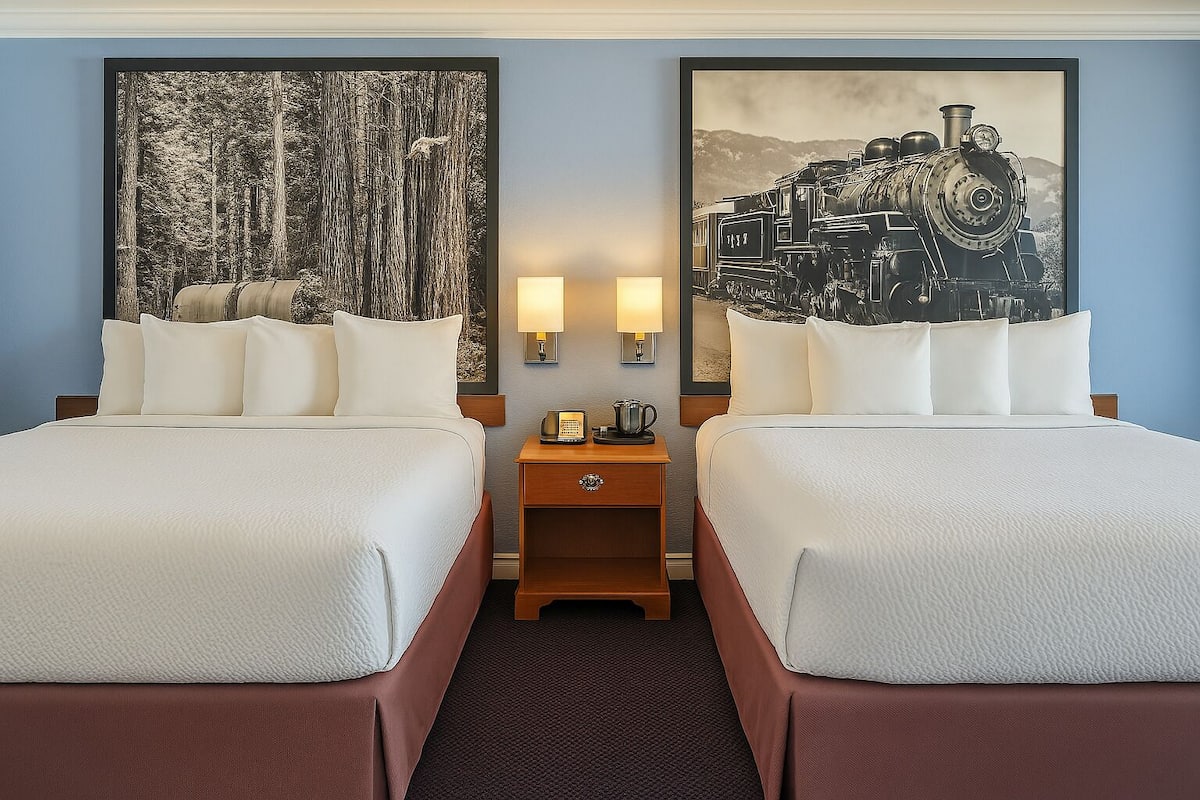 A hotel room with two beds, a nightstand with a lamp, and two framed pictures on the wall.