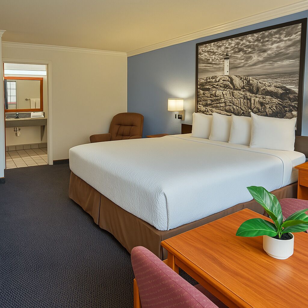 A hotel room with a large bed, a desk, a chair, a potted plant, a painting of a lighthouse, and a bathroom visible through an open door.