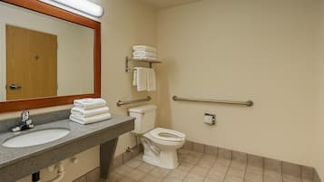 Un baño con lavamanos, espejo, inodoro y barras de apoyo.
