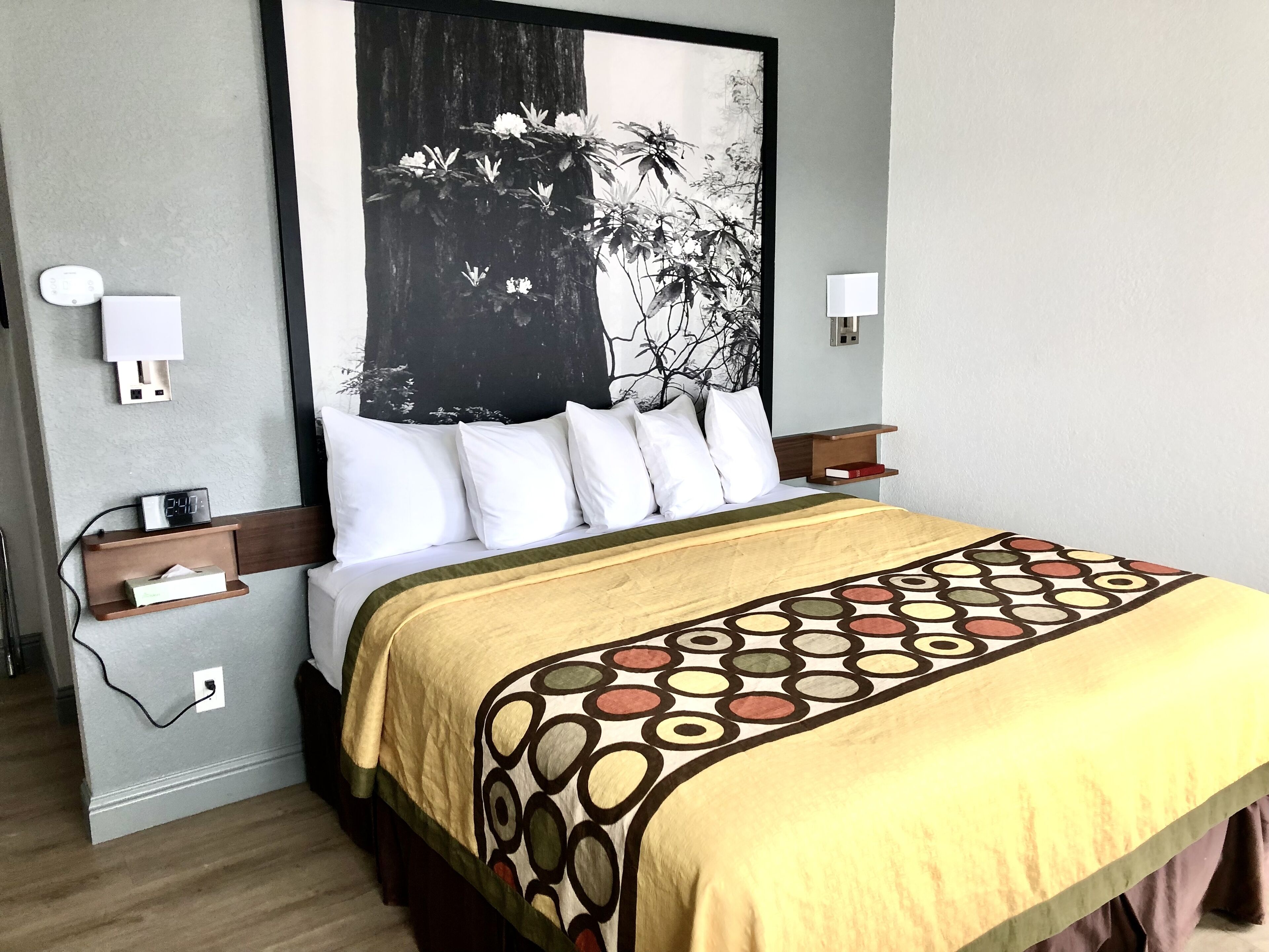 A hotel room with a bed, a large black and white floral artwork on the wall, two bedside tables with lamps, and a wooden nightstand.