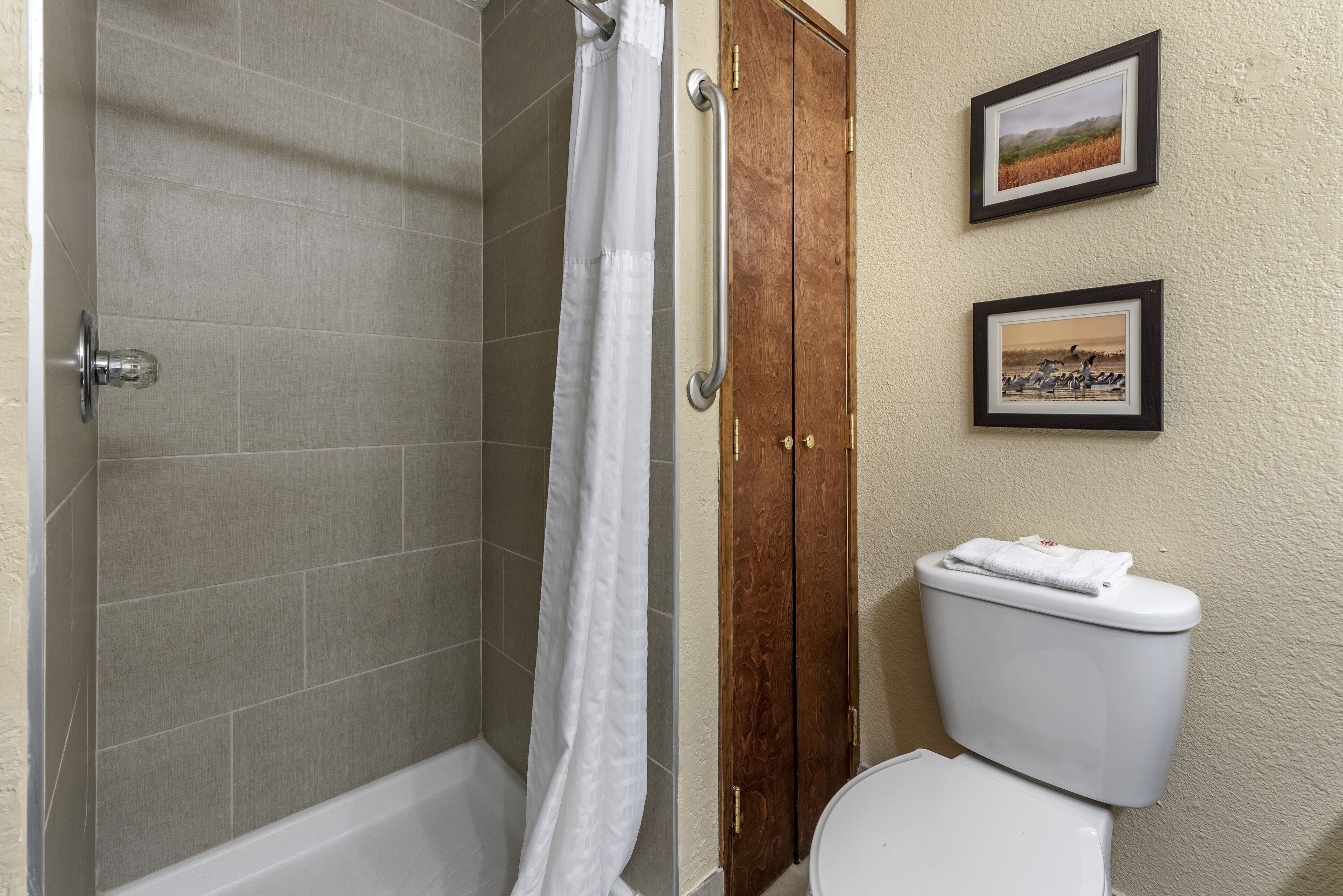 A bathroom with a shower, toilet, and two framed pictures on the wall.