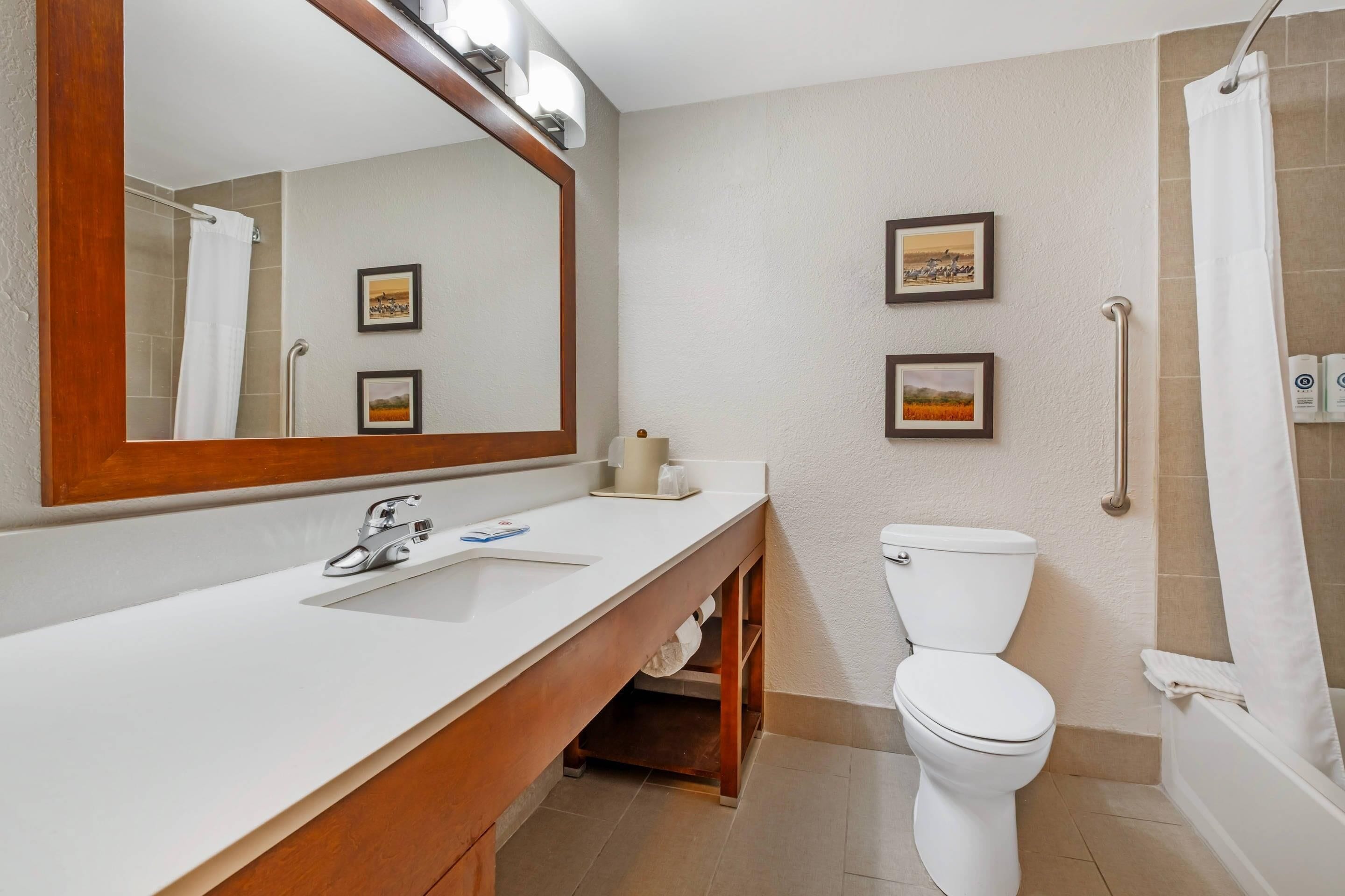 Un baño con lavamanos blanco, espejo, inodoro y cortina de ducha.