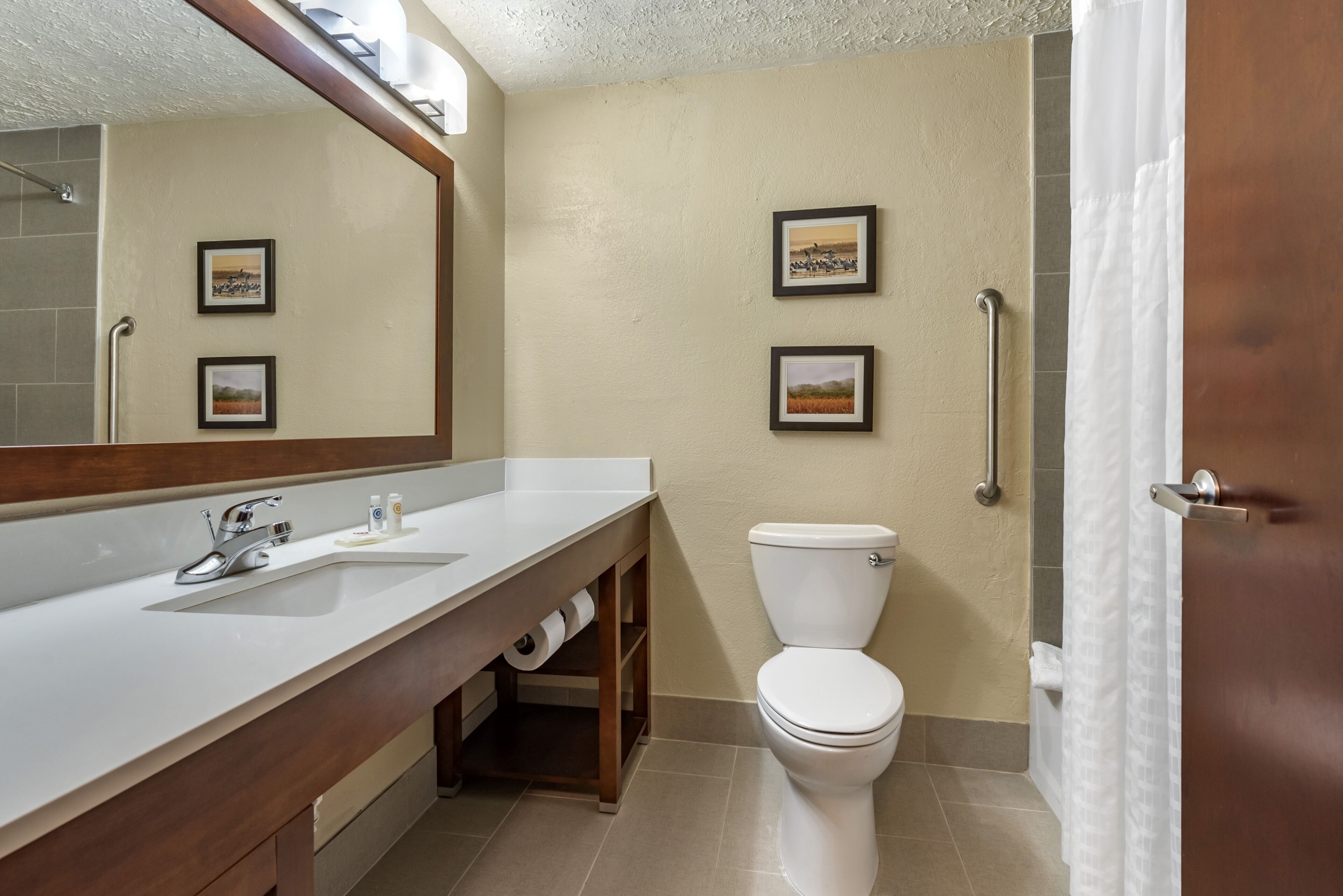 Un baño con lavamanos, inodoro y dos cuadros en la pared.