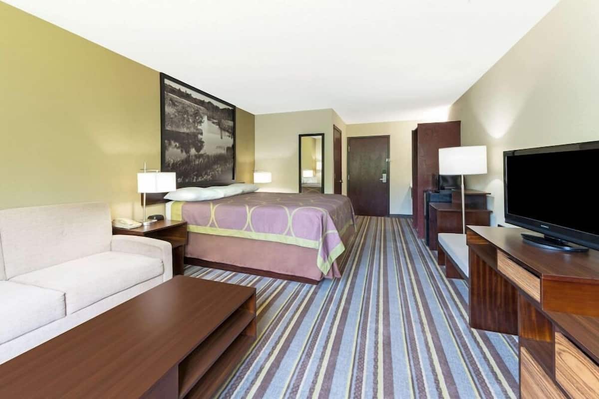 Une chambre d’hôtel avec un lit, un canapé, une télévision, un bureau et un grand tableau au mur.
