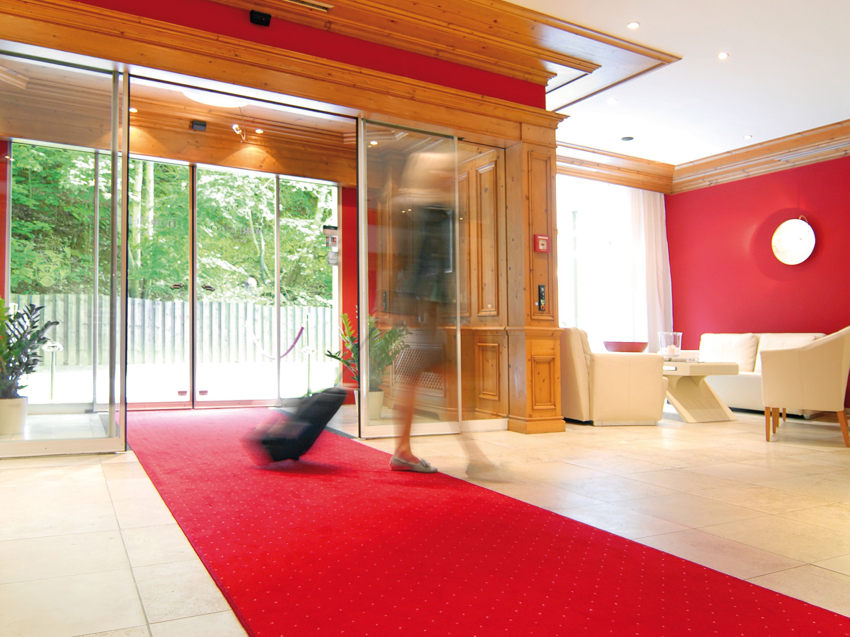 Un interior moderno con alfombra roja, piso de madera y una puerta de vidrio que da al exterior.