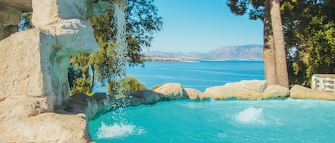 Seasonal outdoor pool, pool umbrellas, pool loungers