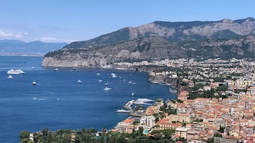 A coastal town with a marina, buildings with red-tiled roofs, and a mountainous backdrop.