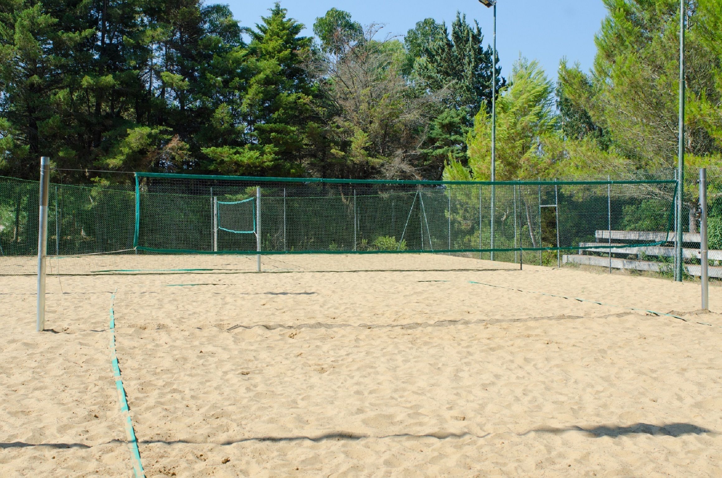 Un terrain de beach-volley sablonneux, avec un filet vert et des arbres tout autour.
