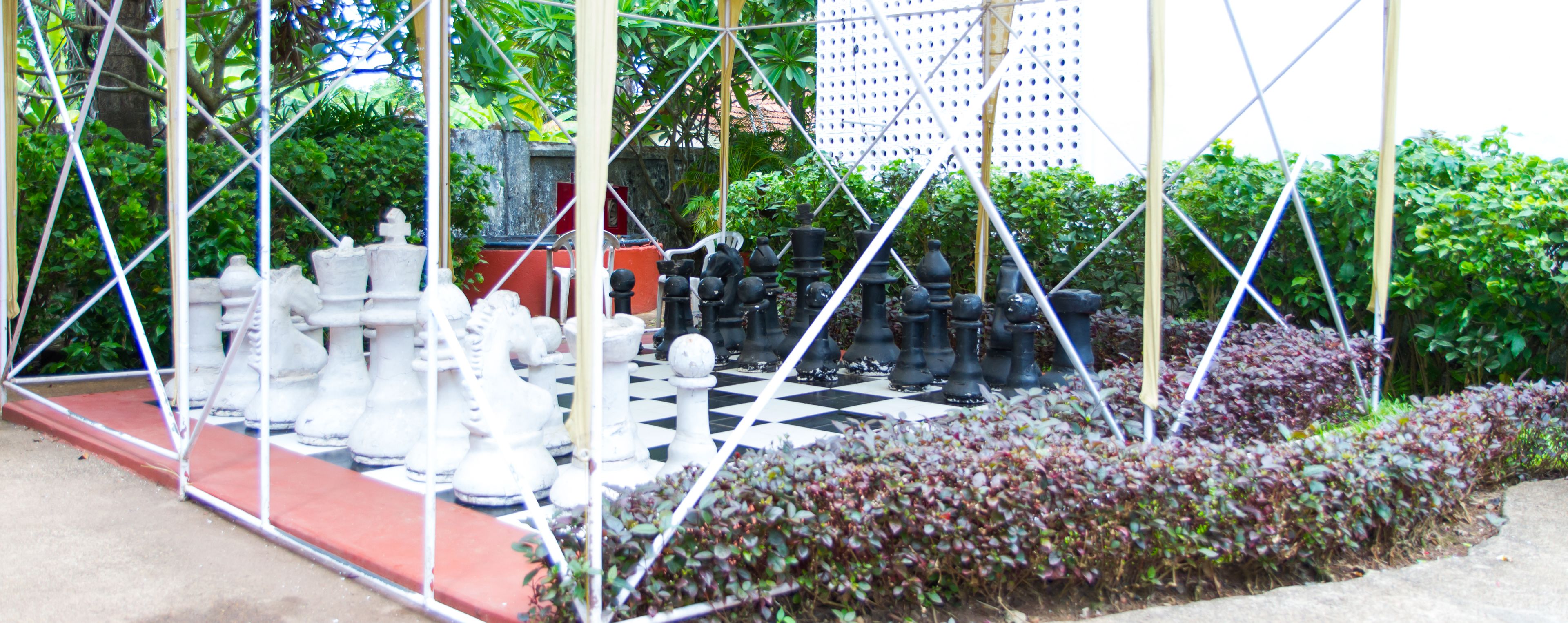 Ein Schachbrett mit aufgestellten Figuren in einem Garten, umgeben von Pflanzen und einer Metallkonstruktion.