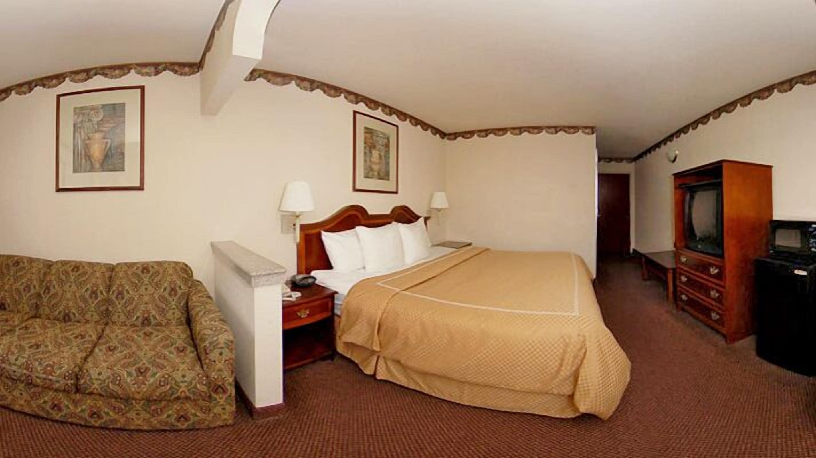 A hotel room with a bed, a sofa, a TV, and two paintings on the walls.