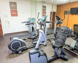 Un gimnasio con cintas de correr, elípticas y una bicicleta estática.