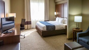 A hotel room with a bed, a desk with a TV, a chair, a lamp, and a view of the outdoors through a window. - Comfort Suites Idabel (Idabel)