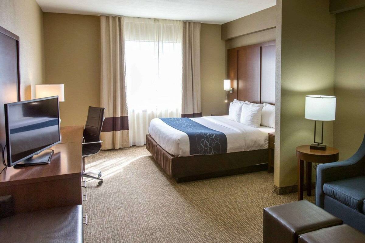 A hotel room with a bed, a desk with a TV, a chair, a lamp, and a view of the outdoors through a window.