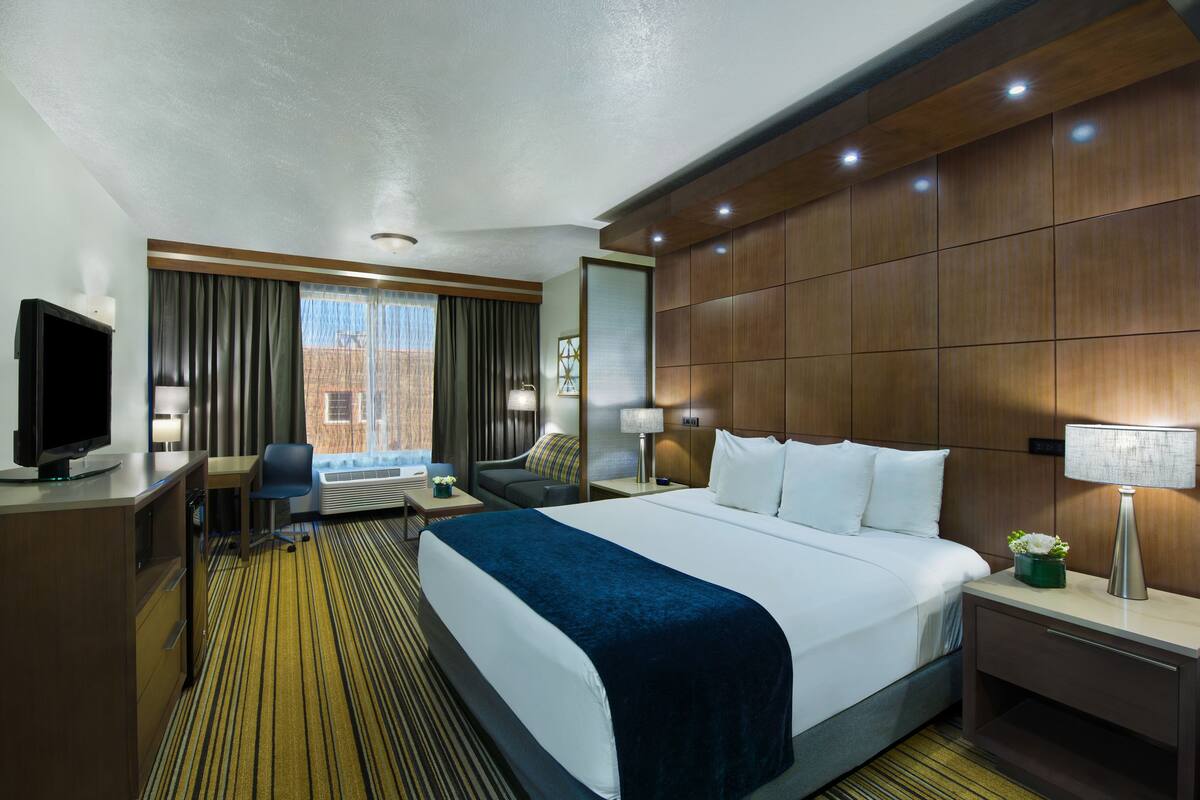 A hotel room with a large bed, a desk, a TV, and a view of the city.