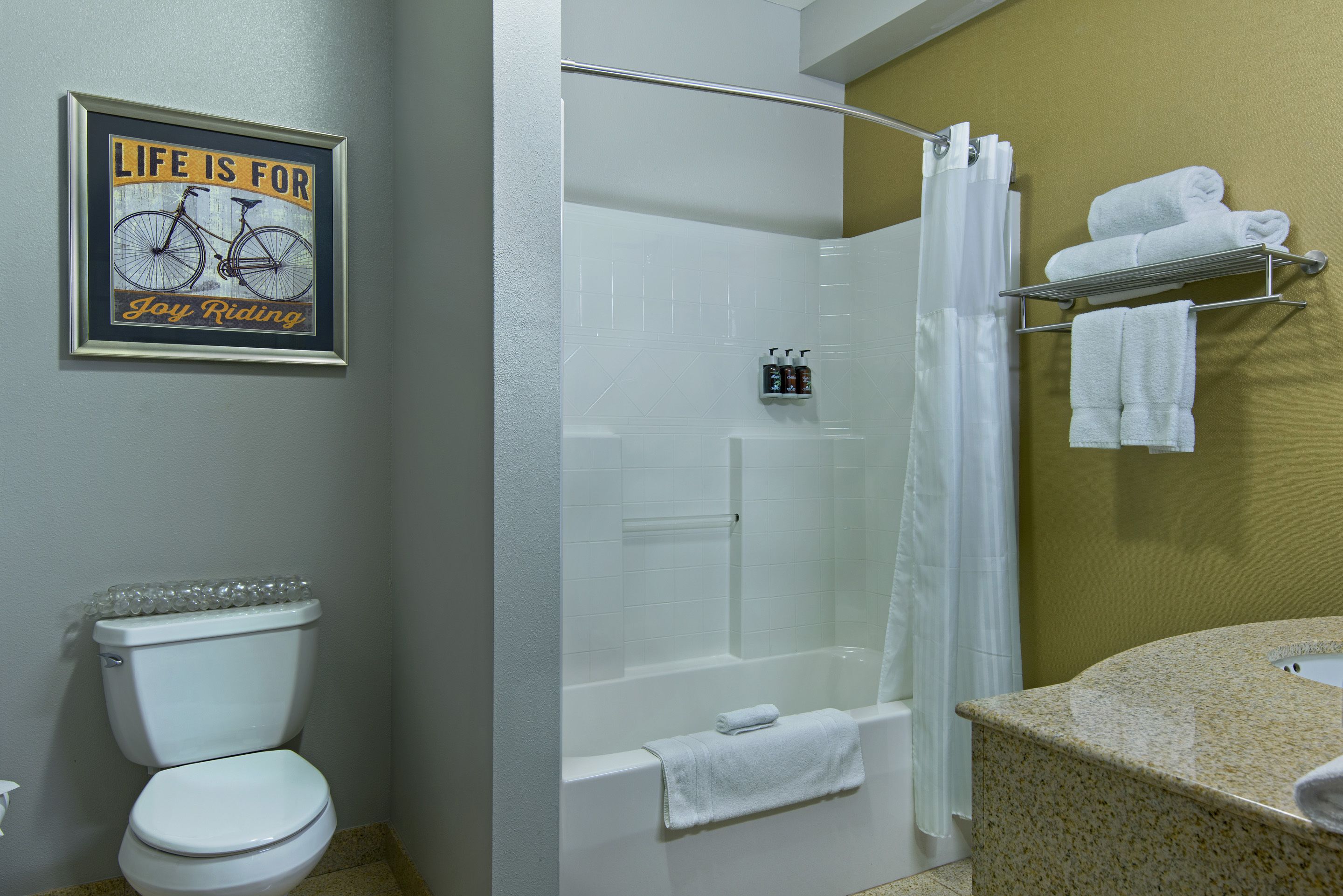 A bathroom with a shower, toilet, and sink.