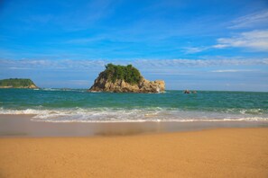 On the beach, beach shuttle, sun loungers, beach umbrellas