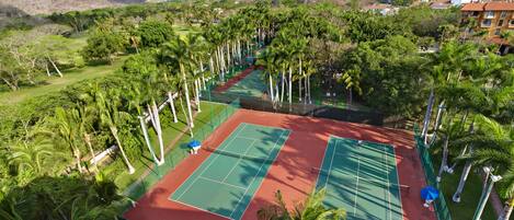 A tennis court surrounded by palm trees and a mountainous landscape.