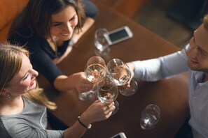 Un grupo de personas brindando con copas de vino en una mesa.