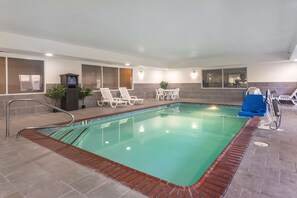 Indoor pool, open 10:00 AM to 9:00 PM, sun loungers