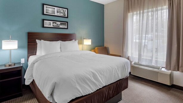 A hotel room with a large bed, a nightstand with a lamp, a window with curtains, and framed pictures on the wall. - Sleep Inn & Suites Lebanon - Nashville Area (Lebanon)
