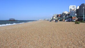A pebbled beach with buildings and a pier in the background. - The Old Ship Hotel (Brighton)