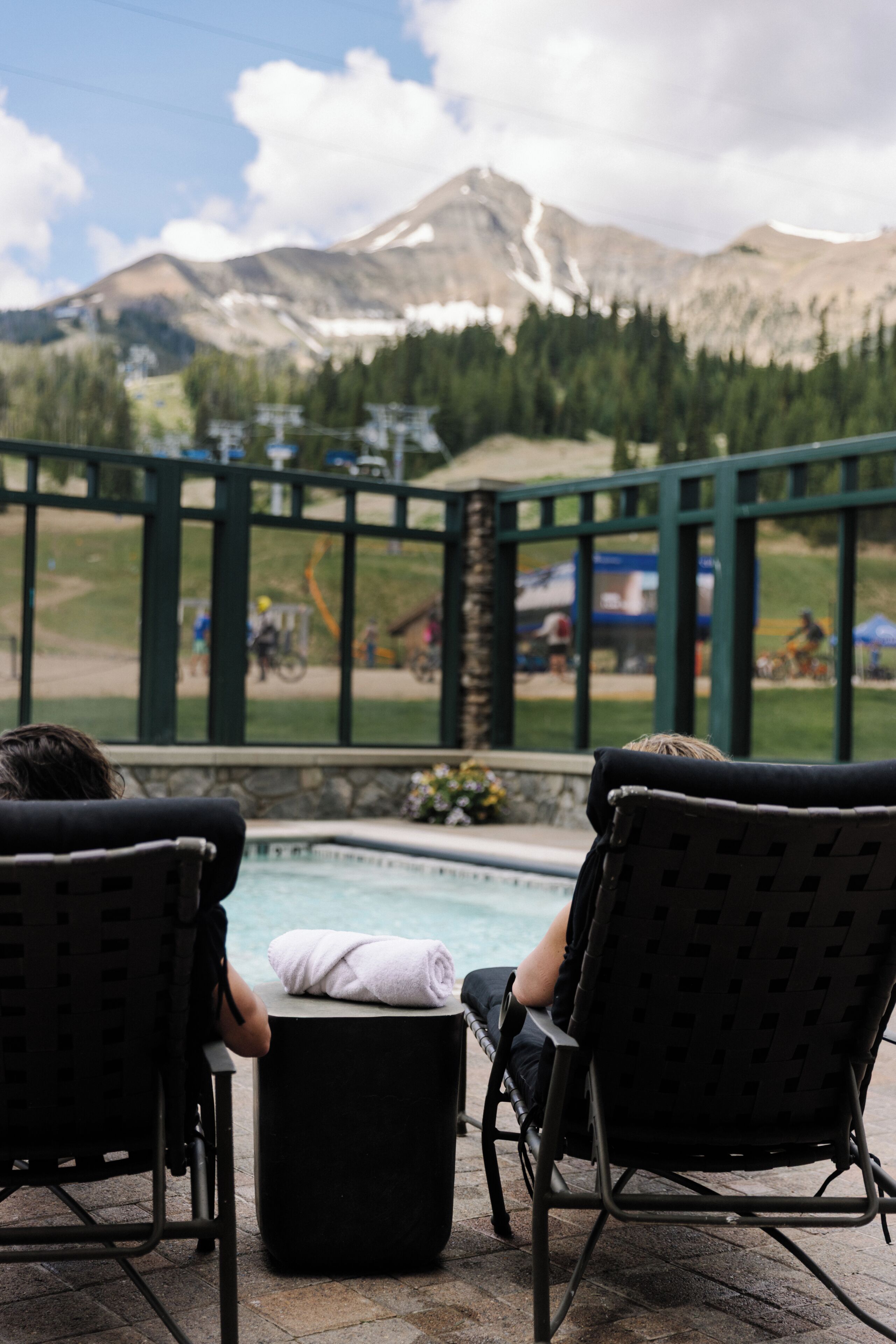 Outdoor pool, pool umbrellas, pool loungers