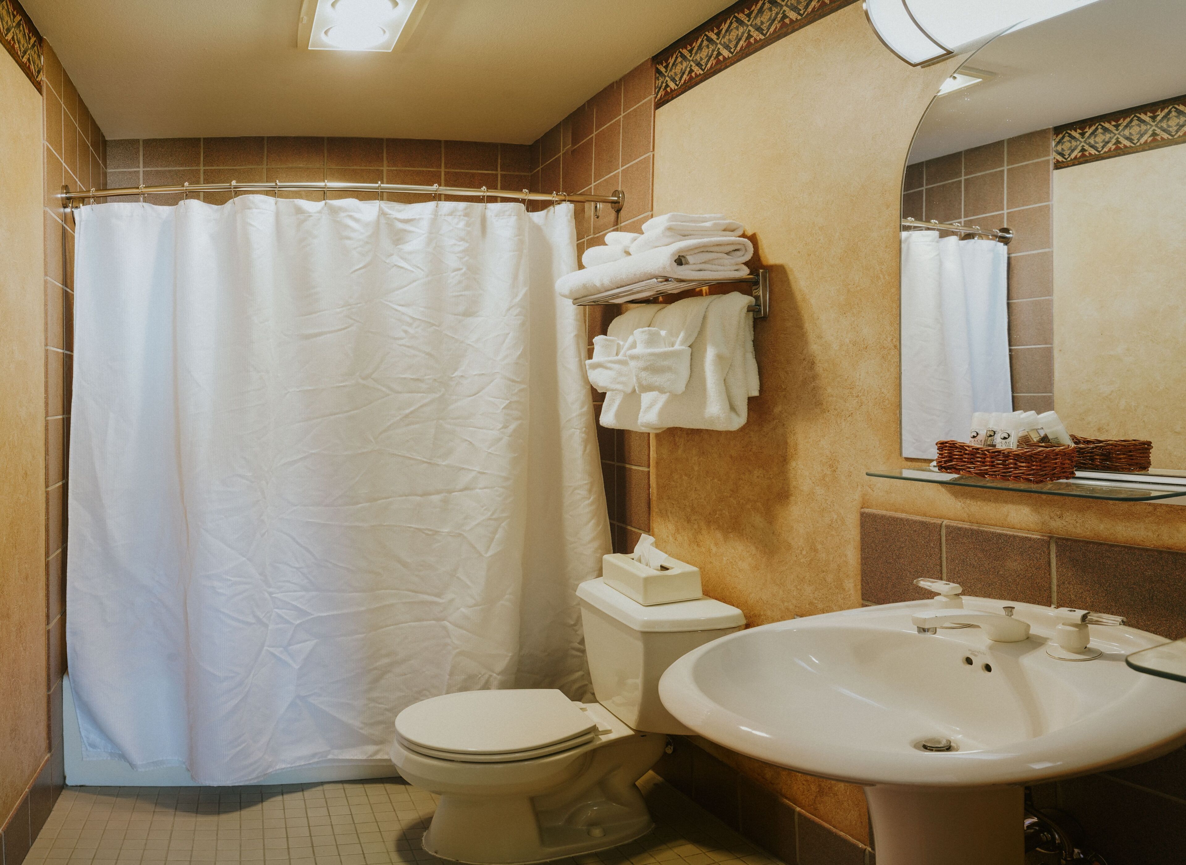 combined shower/bathtub, free toiletries, hair dryer, towels