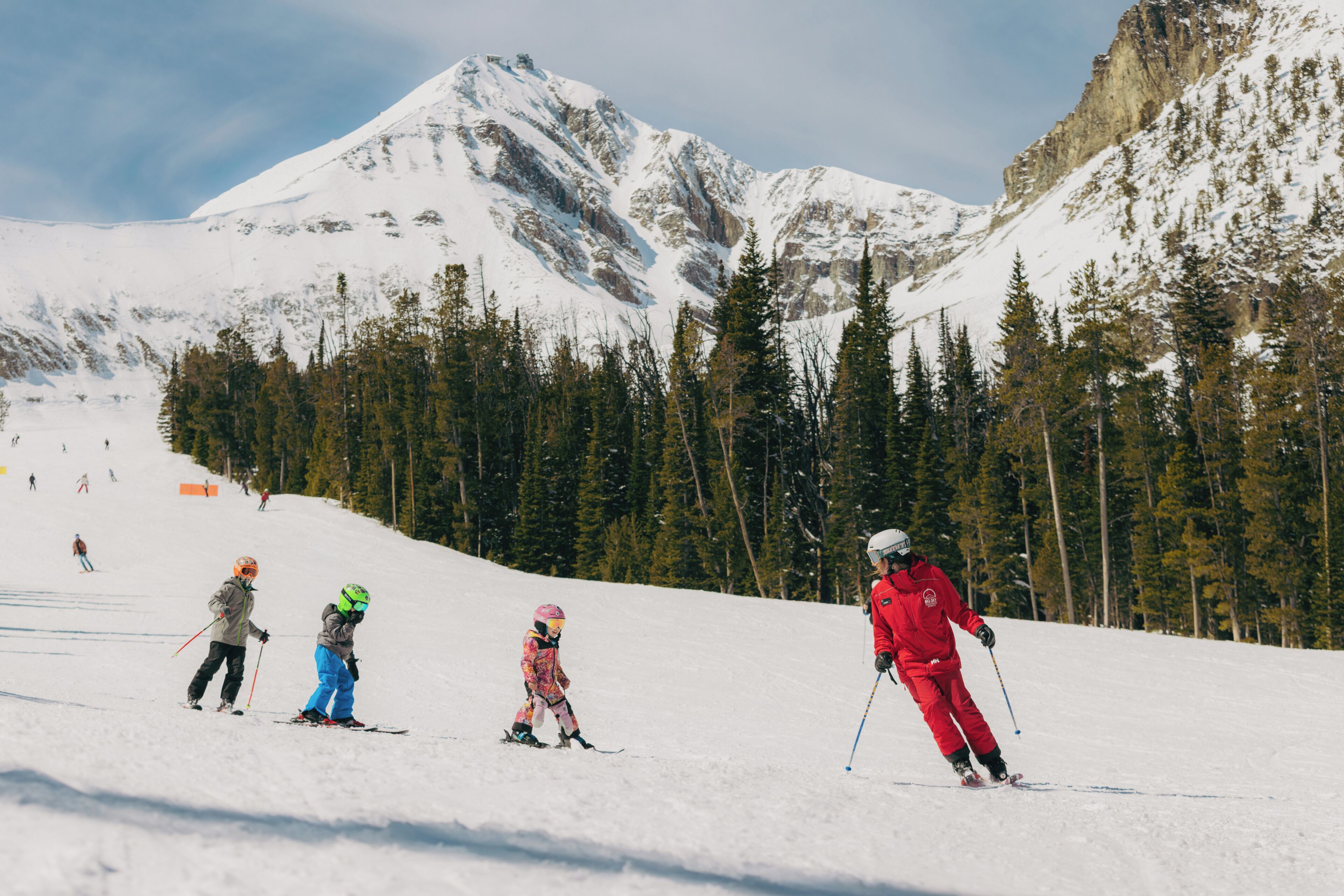 A ski slope with skiers, a mountain backdrop, and a forested area.