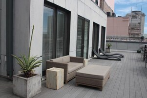 Une terrasse sur le toit, aménagée avec du mobilier d’extérieur, notamment un canapé et une chaise longue, ainsi qu’une plante en pot.