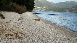 Una playa de guijarros con una persona recostada sobre la arena, rodeada de árboles y montañas al fondo.