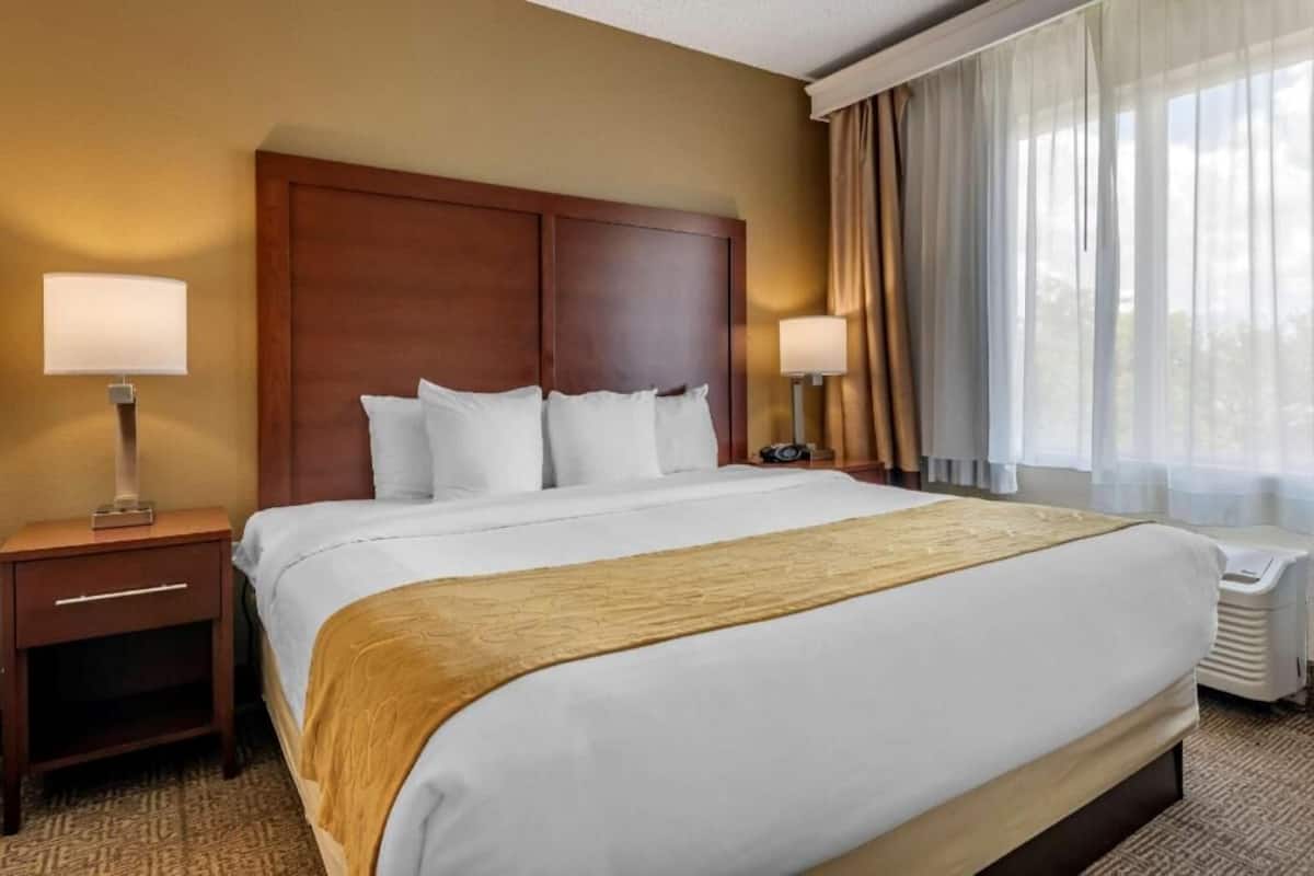 Habitación de hotel con una cama grande, dos mesitas de noche, una lámpara, un calefactor y una ventana con cortinas.