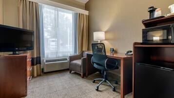 In-room safe, desk, laptop workspace, blackout curtains