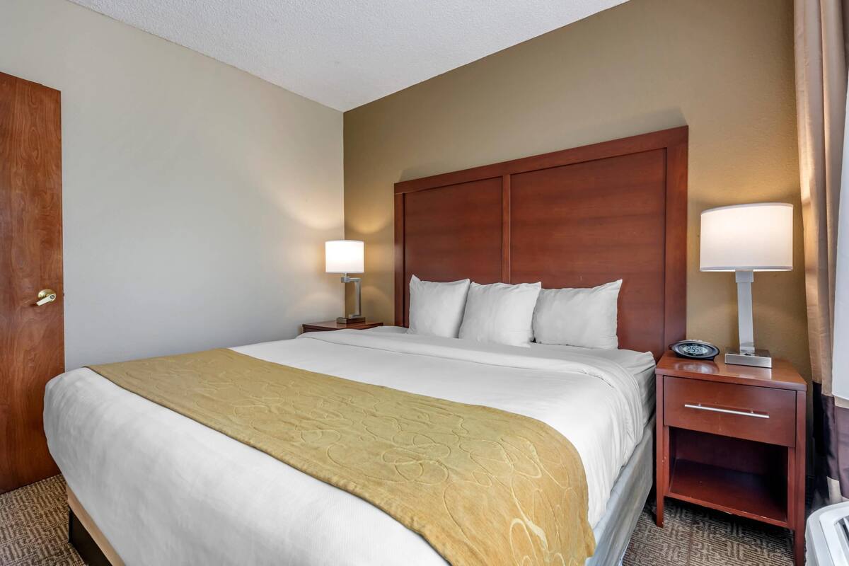 Una habitación de hotel con una cama grande, un cabecero de madera, dos mesitas de noche con lámparas y una puerta.
