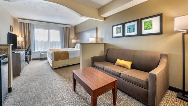 Una habitación de hotel con cama, sofá, escritorio y lámpara.