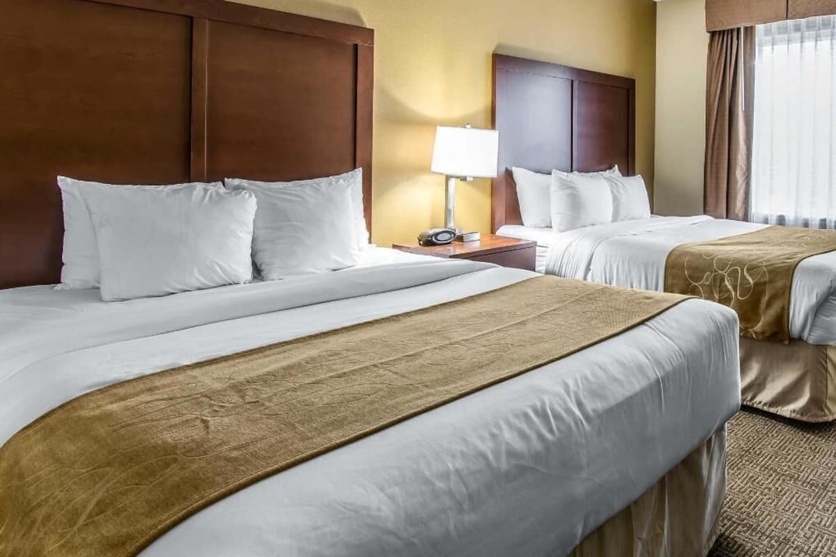 Una habitación de hotel con dos camas, una mesita de noche con lámpara y una ventana con cortinas.